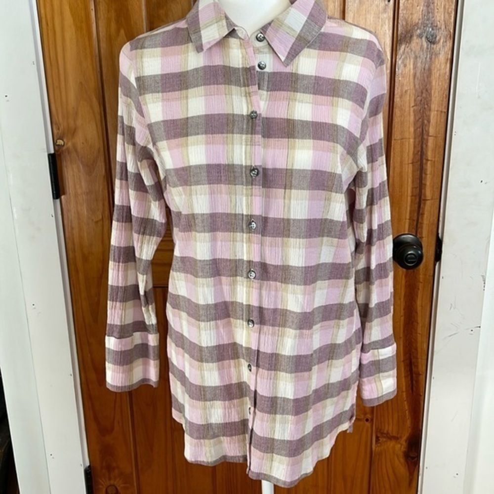 Soft Surroundings Kai Plaid Check Button Down Shirt  Medium Cotton Long Sleeve